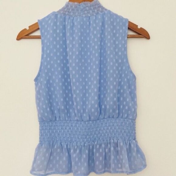 Japna sleeveless Smocked Mock Neck blouse Sheer Light Blue Medium - Picture 9 of 11